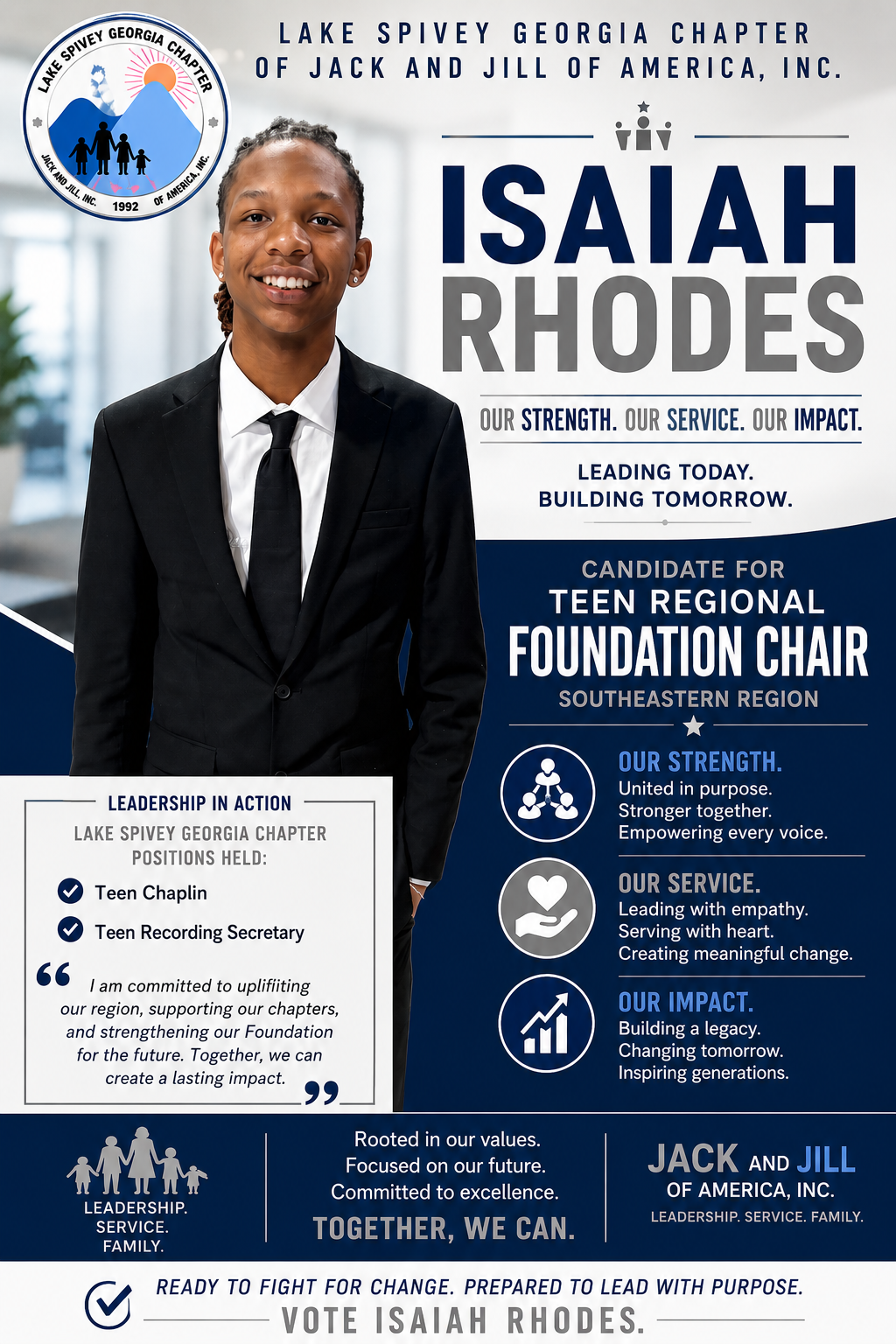 Isaiah Rhodes campaign infographic — Candidate for Teen Regional Foundation Chair, Southeastern Region, Jack and Jill of America, Inc.